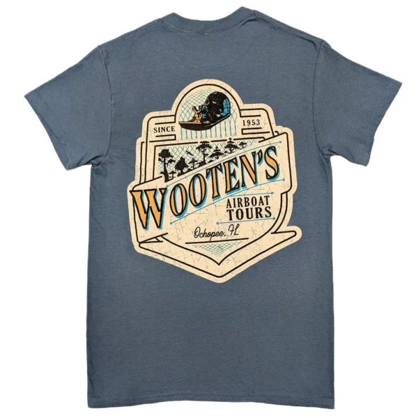 A heather gray-blue shirt with a large Wooten's badge on the back.