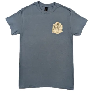 A heather gray-blue shirt with a small Wooten's badge on the left breast.