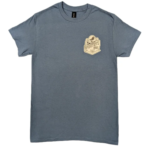 A heather gray-blue shirt with a small Wooten's badge on the left breast.