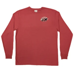 A red long-sleeve T-shirt with a small Wooten's emblem on the left breast