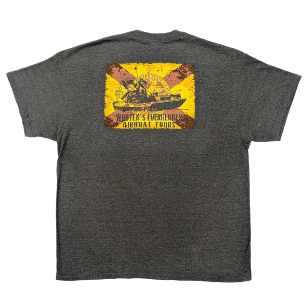 A dark heather gray T-shirt with an airboat superimposed on the Florida flag on the back.