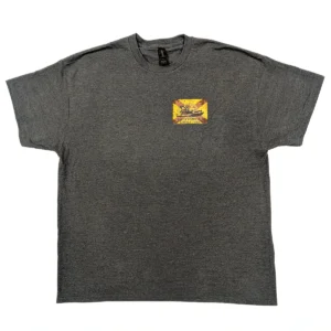 A dark heather gray T-shirt with an airboat superimposed on the Florida flag on the left breast.