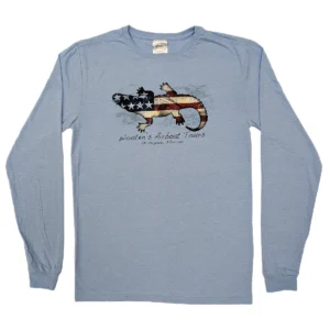 A light blue heather long-sleeve T-shirt with a large image of an alligator-shaped American flag on the front.